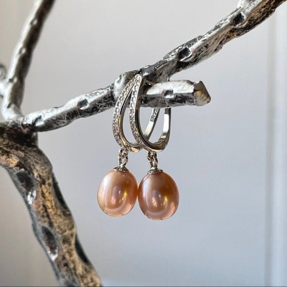 925 Sterling Silver Lavender Cultured Freshwater Drop Pearl Dangle Earrings - Picture 6 of 8